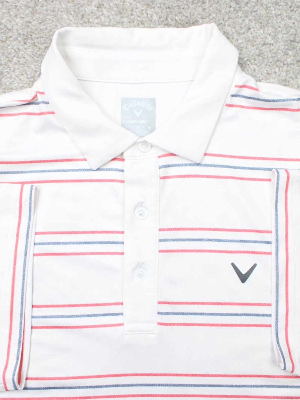 Callaway Polo Shirt Mens Large White/Red/Blue Striped Opti-Dri Golf Short Sleeve